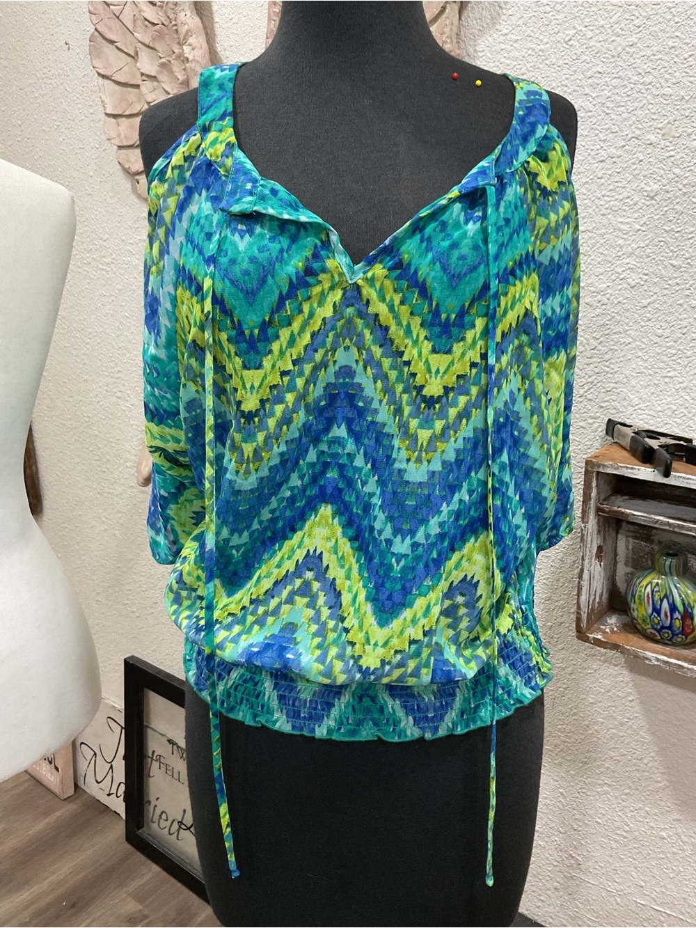BCX Cold-Shoulder Chevron Blouse in Blue and Green